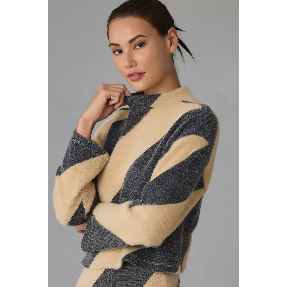 Anthropologie Diagonal Stripe Fuzzy Sweater in Beige and Charcoal - Picture 10 of 10